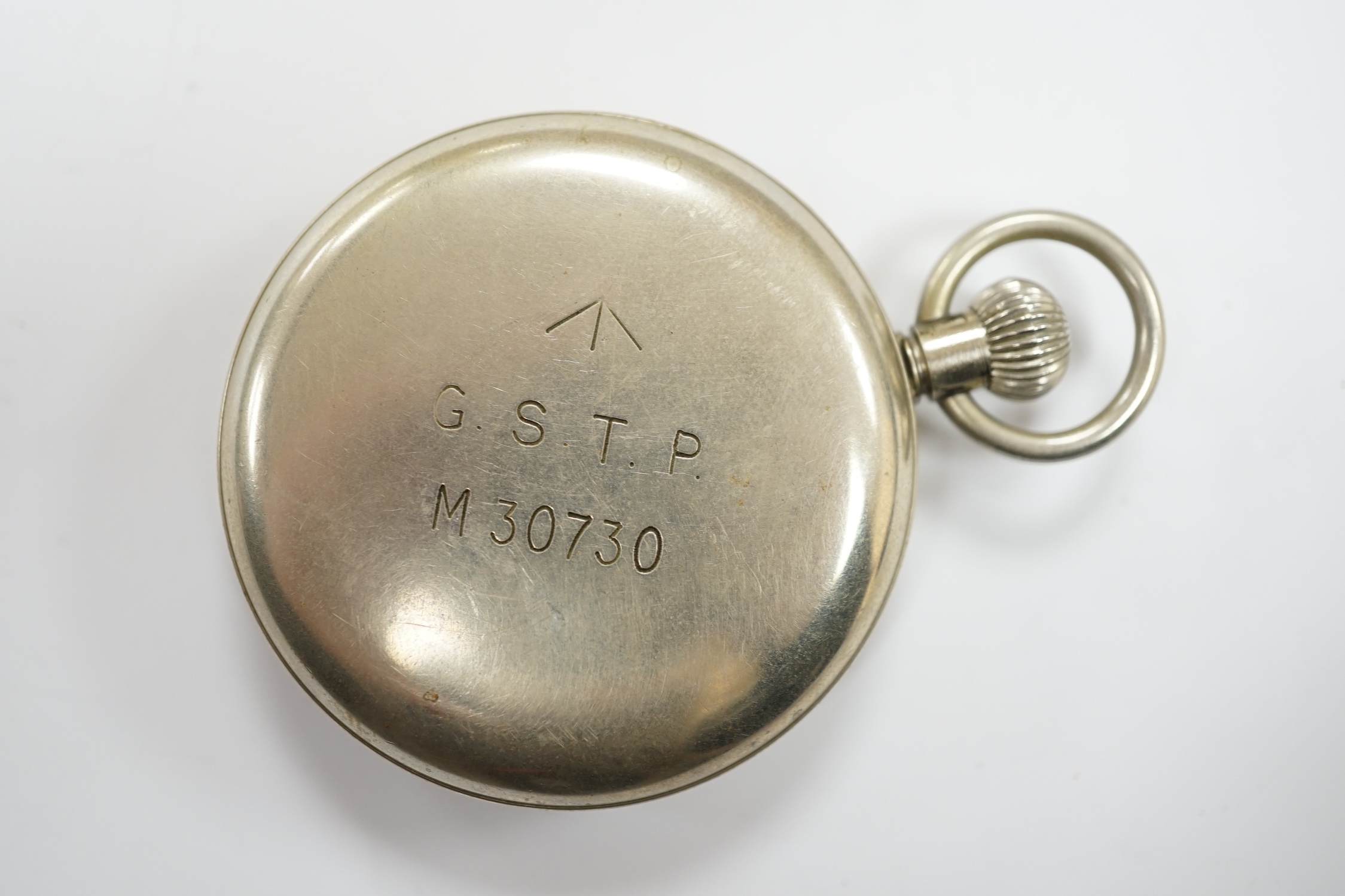 A nickel cased Moeris military G.S.T.P. (General Service Trade Pattern) open face pocket watch, with Arabic dial and subsidiary seconds, case diameter 50mm.